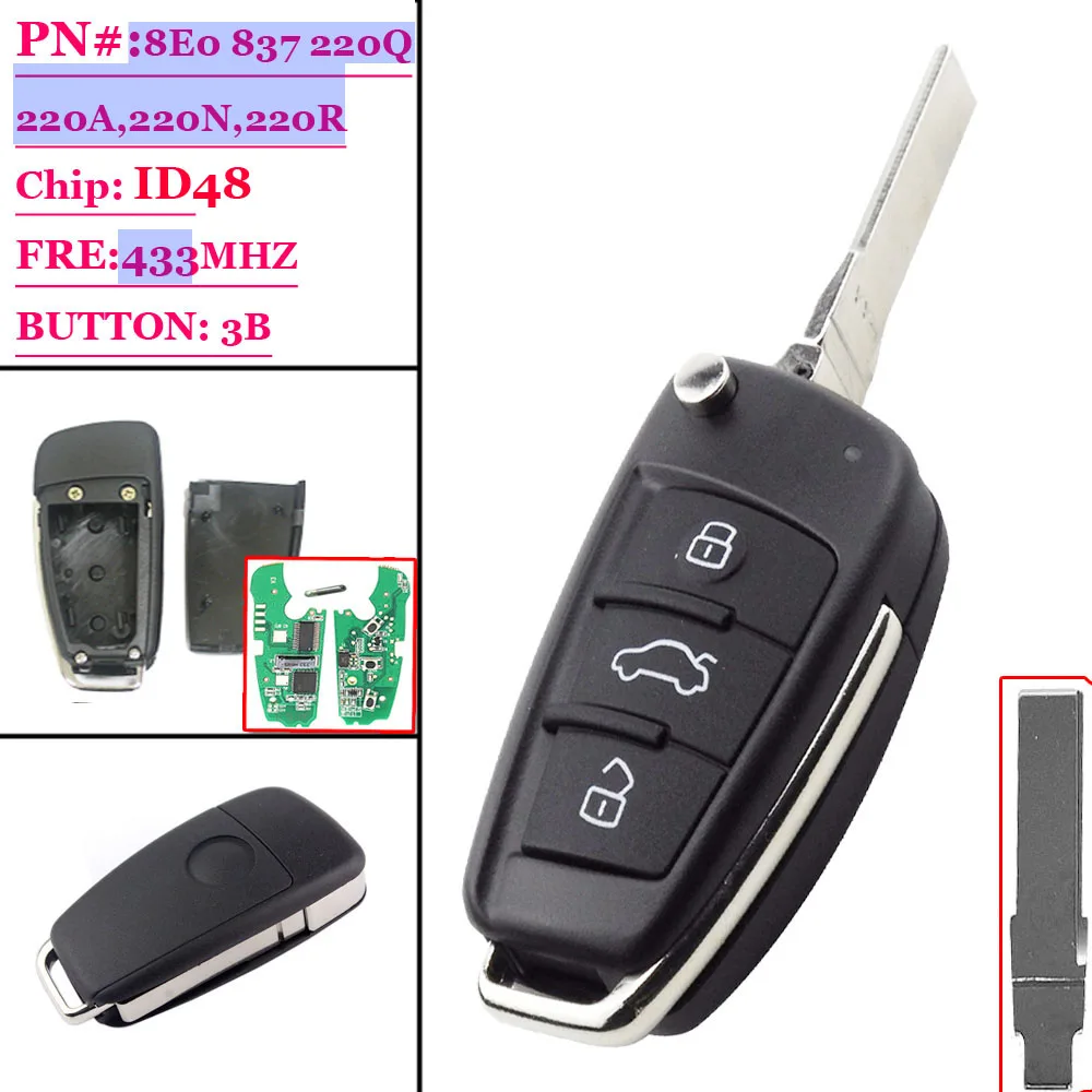 XNRKEY 8E0837220Q 433 МГц 8E0 837 220A 220R 220N ID48 чип HU66 Auro флип дистанционный ключ автомобильный