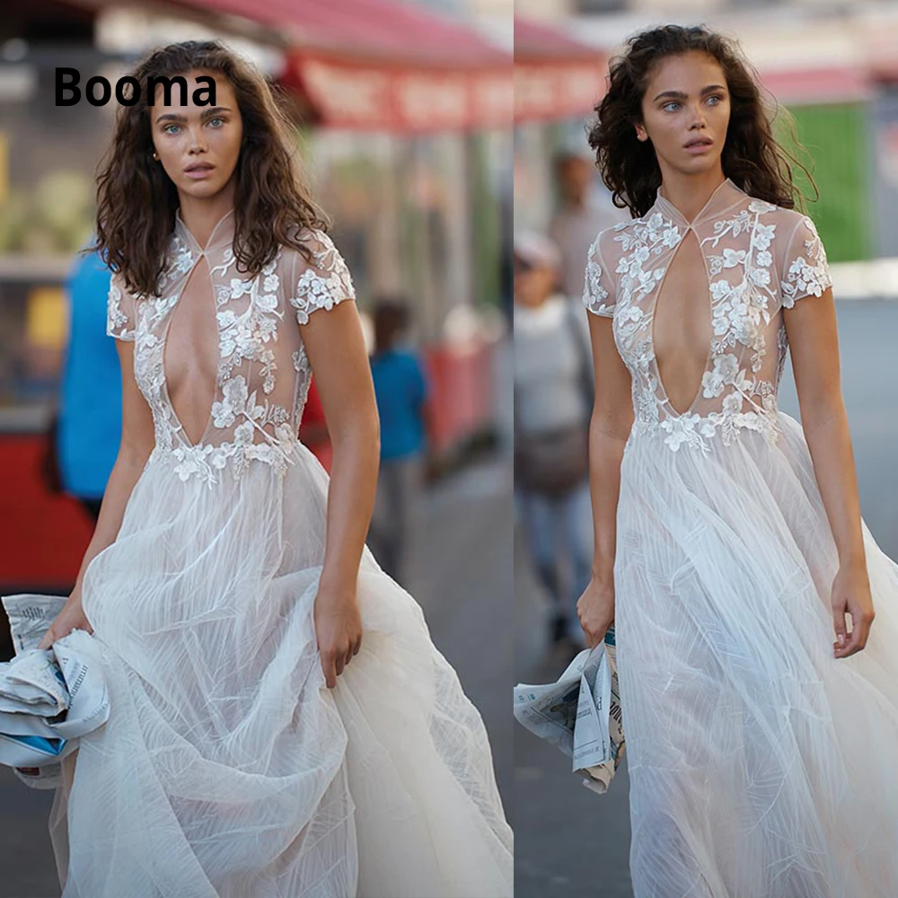 

Женское платье с коротким рукавом Booma, кружевное платье с аппликацией и бисером, Свадебное Платье Из Мягкого Тюля, пляжное платье невесты в с...