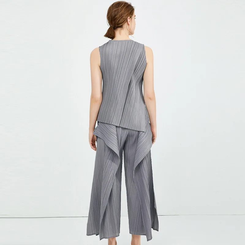 Женский пуловер без рукавов DEAT свободная футболка и широкие брюки с оборками