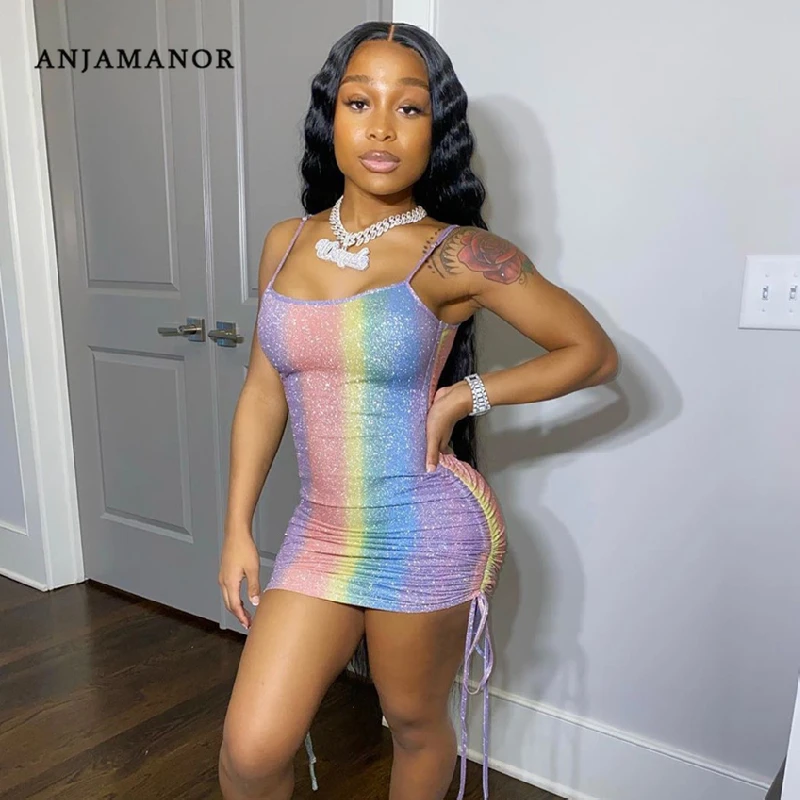 Радужные блестящие облегающие платья anjahome на шнуровке блестящая Ночная одежда