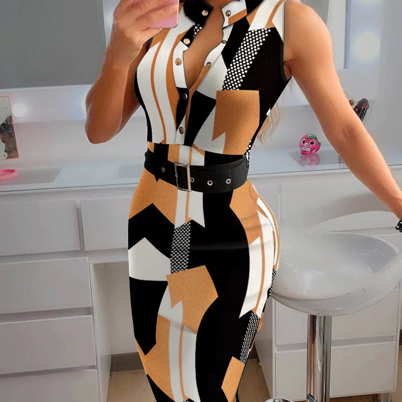 

Женское платье-рубашка в стиле кардиган с поясом, модное облегающее платье-рубашка с цветным блокировкой бедер, юбка без рукавов с запахом н...