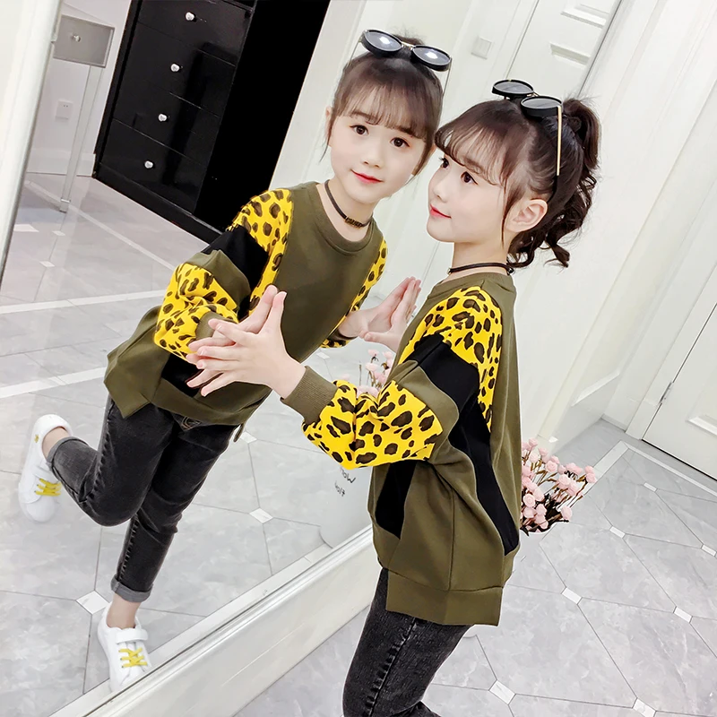Г., комплекты одежды для девочек пуловер с длинными рукавами Леопардовый свитшот+ джинсовые штаны костюмы для больших девочек комплект для детей 9, 10, 12, 13 лет