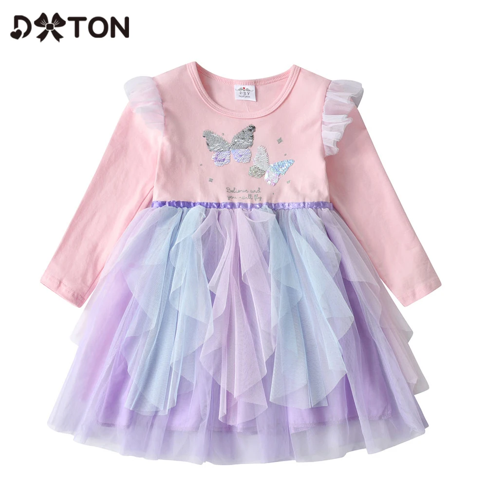 DXTON-vestido con tut&uacute; infantil para ni&ntilde;a, de manga larga con lentejuelas de mariposa, malla Irregular, para fiesta de invierno-0