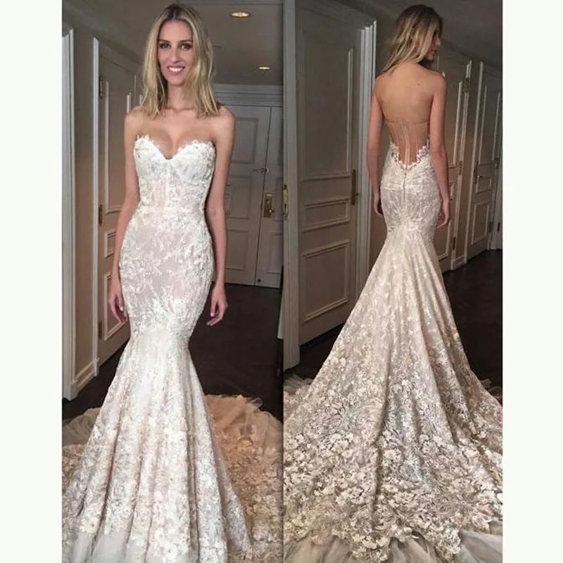 

New Delicate Mermaid Lace Open Back Bride Wedding Dresses Sweetheart Sleeveless Bridal Gowns for Wedding Appliqued Court Train