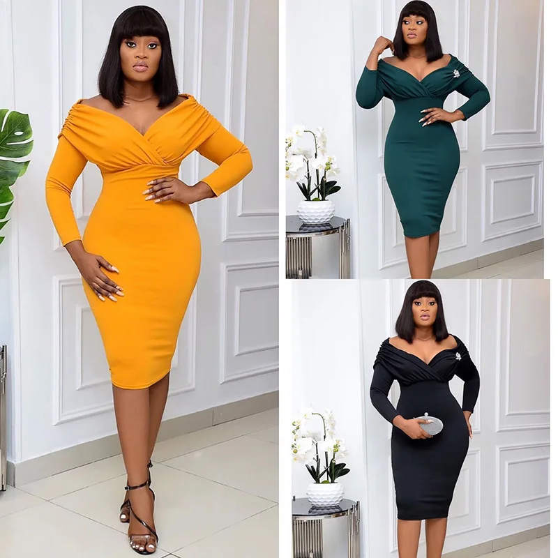 

BAZIIINGAAA Plus Size Evening Dresses Women With Long Sleeve V Neck Polyester Fabric is Stretch Fashion Women Clothes Dresses