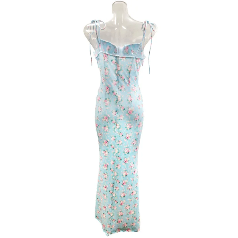

Floral Print Drawstring Summer Dress Women Ruched Hollow Out Strap Casual Midi Long Sexy Dresses Backless Bodycon Dress