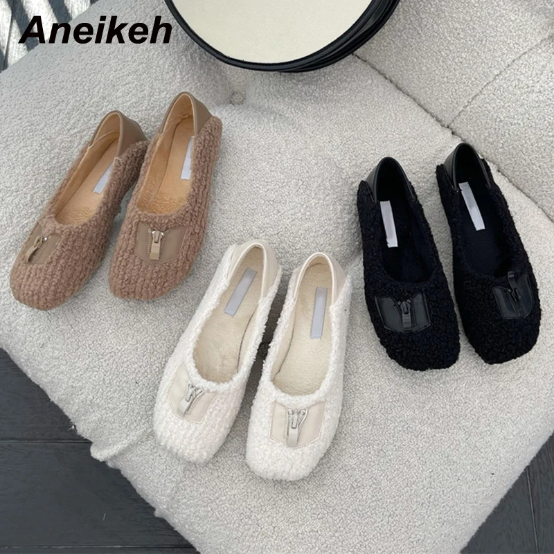

Aneikeh Elegant Knitted Wool Slip-On Summer Shoes For Women 2022 Fashion Zipper Flat With Shallow Pumps Sweet Party Wedding