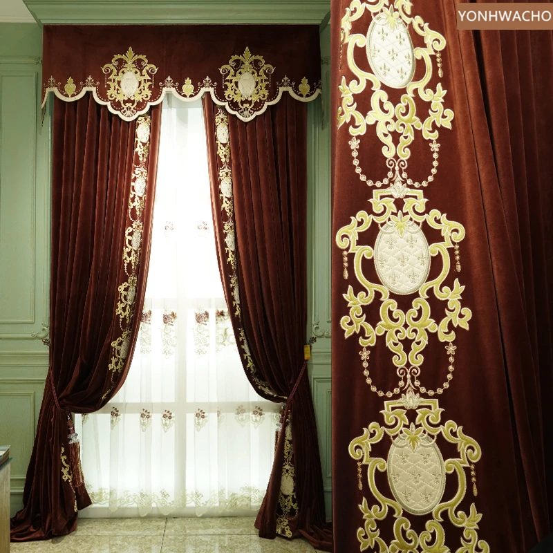 

Занавески на заказ, роскошные европейские бархатные вышитые занавески из коричневой ткани для гостиной, спальни, затемняющие занавески, балдахины, Тюлевая панель C473
