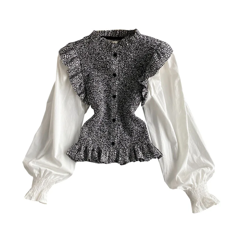 

Fake Two Piece Shirt French Spring Summer Short Stand Collar Chiffon Blouse With Slim Body Long Puff Sleeve Top 2021 New Arrival