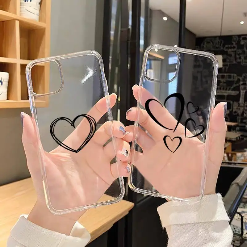 

Black cute Simple Lines Love Heart Phone Case Transparent for iPhone 11 12 mini pro XS MAX 8 7 6 6S Plus X 5S SE XR 2020