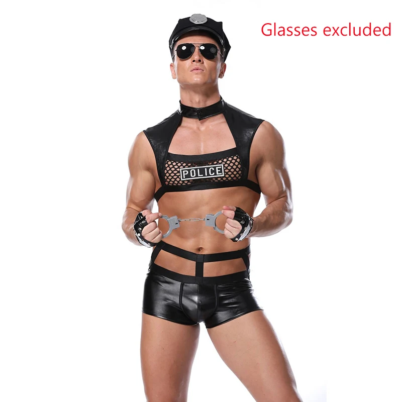 

Men Erotic Sexy Police Officer Costume Latex Mesh Male Lovers Role Play Cop Cosplay Uniform Exotic Gift for Valentine's Day