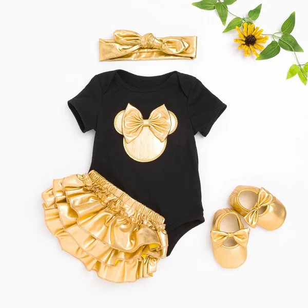 Одежда для новорожденных девочек Лето, комплекты одежды для маленьких девочек с Микки Детский комбинезон для маленьких девочек, топ, юбка-пачка, шаровары с оборками, комплект для девочек - Цвет: Черный