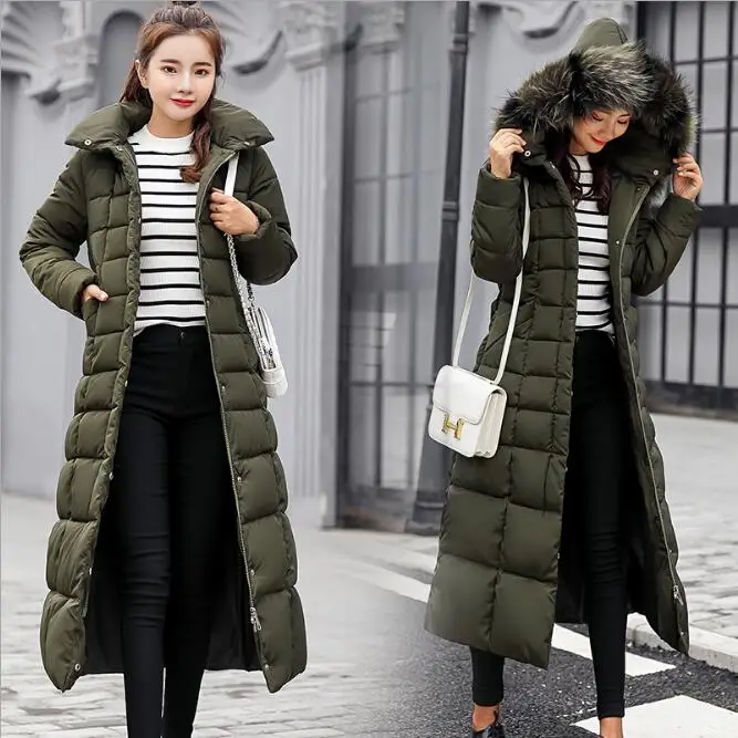 ramy green parka Съемный Раздельное Большой Покрытый Мехом Воротник Толстовка Капюшон Зимнее Пальто Высокая Талия Очень Длинный Пух Спуск Пальто Паровоз Стеганый Жакет Парка Женщина Подбитый Одноцветный Сплошной Цвет Простой Парка - Цвет: ramy green parka
