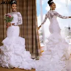Белое кружевное свадебное платье с оборками из органзы, платье с длинными рукавами и пуговицами на молнии, платье невесты
