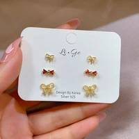 stud earring 3pair cute bowknot rhinestone mini 925 silver earring women girl wedding party gift female fashion jewelrt set