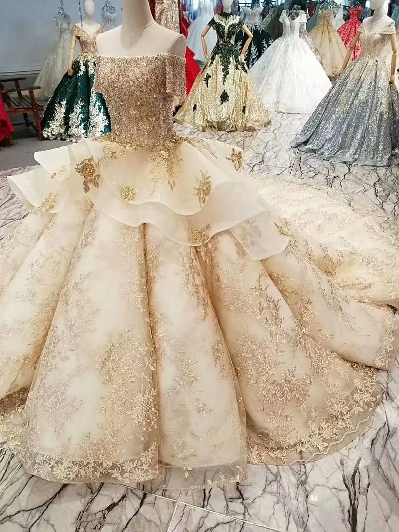 BGW 21516ht Golden Lace Evening Dress Off Shoulder Boat Neck Short Sleeve Beads Crystal Luxury Evening Party Dress Abito Da Sera