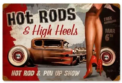 

Старые знаки, горячие стержни и высокие каблуки, металлический знак, Настенный декор 18x12