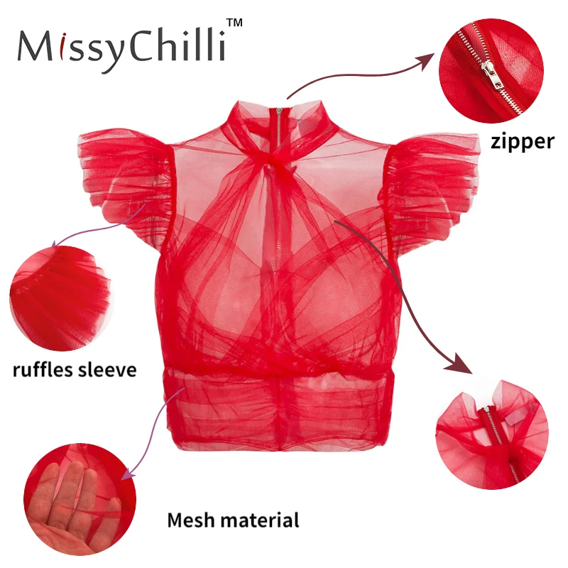 Женский сетчатый прозрачный топ MissyChilli красный короткий летняя рубашка без