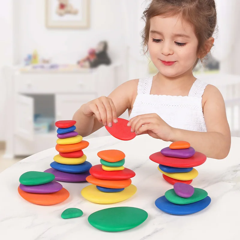 

Kid Toy Wooden Montessori Building Block Colored Stone Educational Toys Nordic Style Stacking Game Rainbow Stone Wooden Toy
