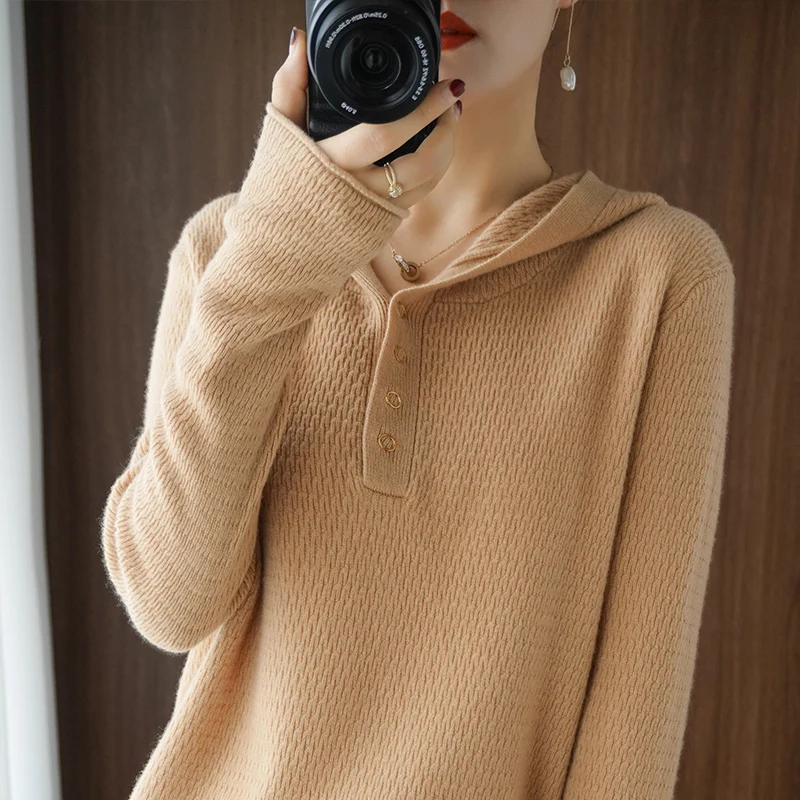 

Hooded cashmere sweater ladies full sleeve knit 100% pure wool sweater loose pullover autumn and winter high-end jacket sweater