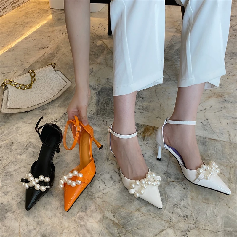 

Women D'orsay Shoes Fashion Pointed Toe Pearl Sandals Sexy Stiletto High Heels Buckle Solid Color Wedding Shoes For Women 2021