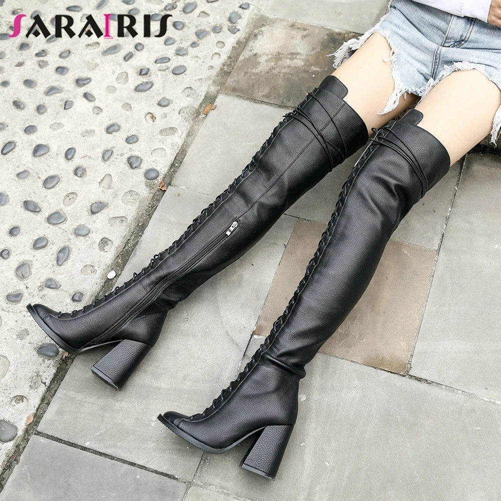 Сапоги женские на высоком каблуке выше колена с перекрестной шнуровкой|Ботфорты|