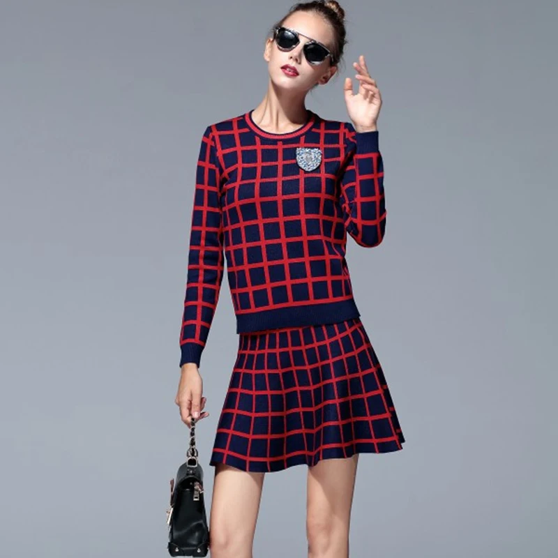 Женский вязаный свитер и юбка комплект из 2 предметов Свитшот в клетку черный