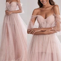wholesale sexy tulle robe off shoulder sweetheart fairy ball gown peach women evening gown dress