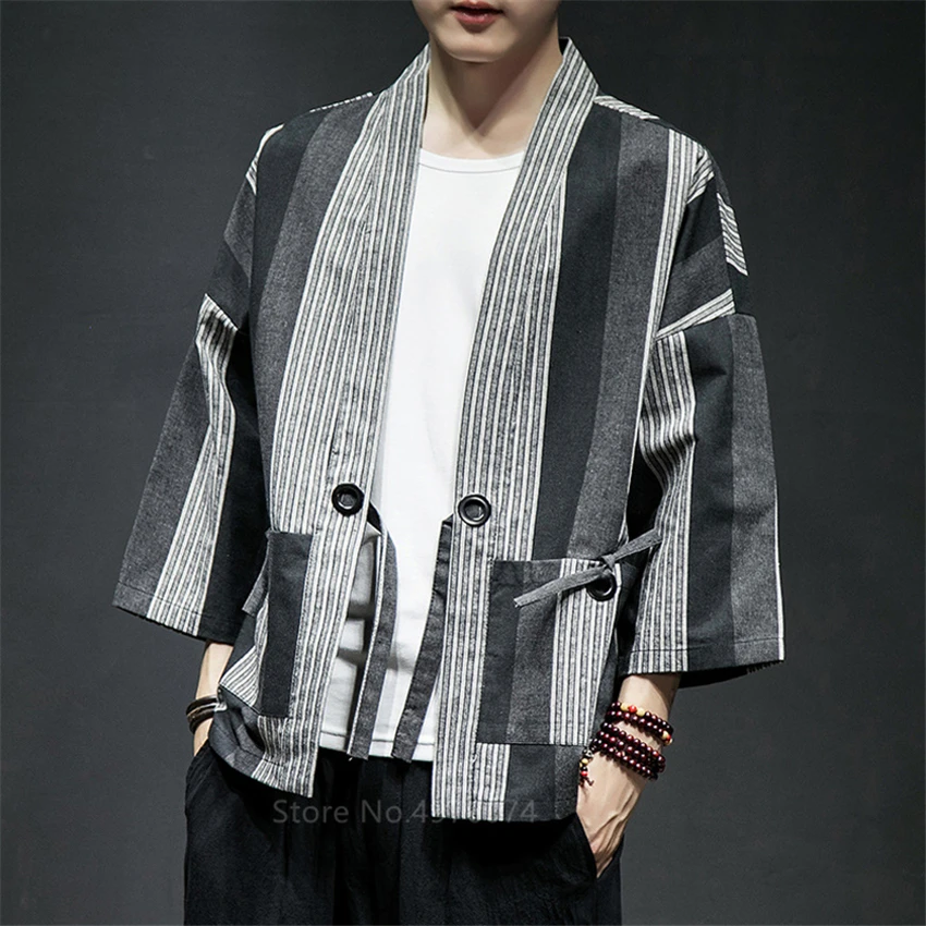 Мужское стильное кимоно кардиган в полоску пальто японском стиле Харадзюку