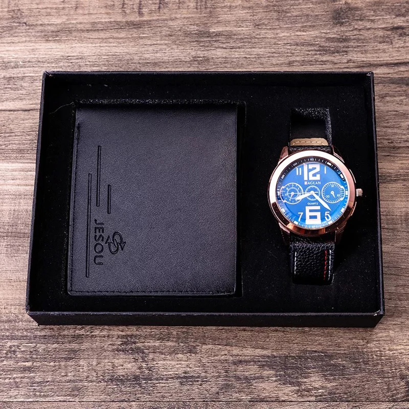 Часы наручные мужские кварцевые с кожаным ремешком складной кожаный кошелек