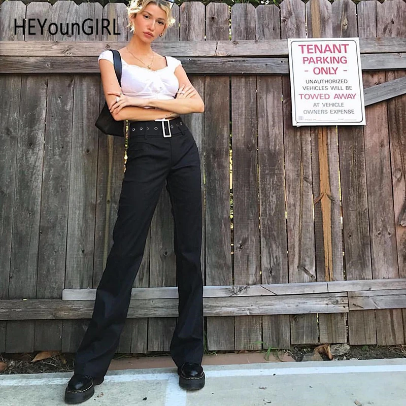HEYounGIRL элегантные прямые брюки с высокой талией Harajuku черные женские брюки Узкие повседневные тренировочные штаны с поясом уличная одежда