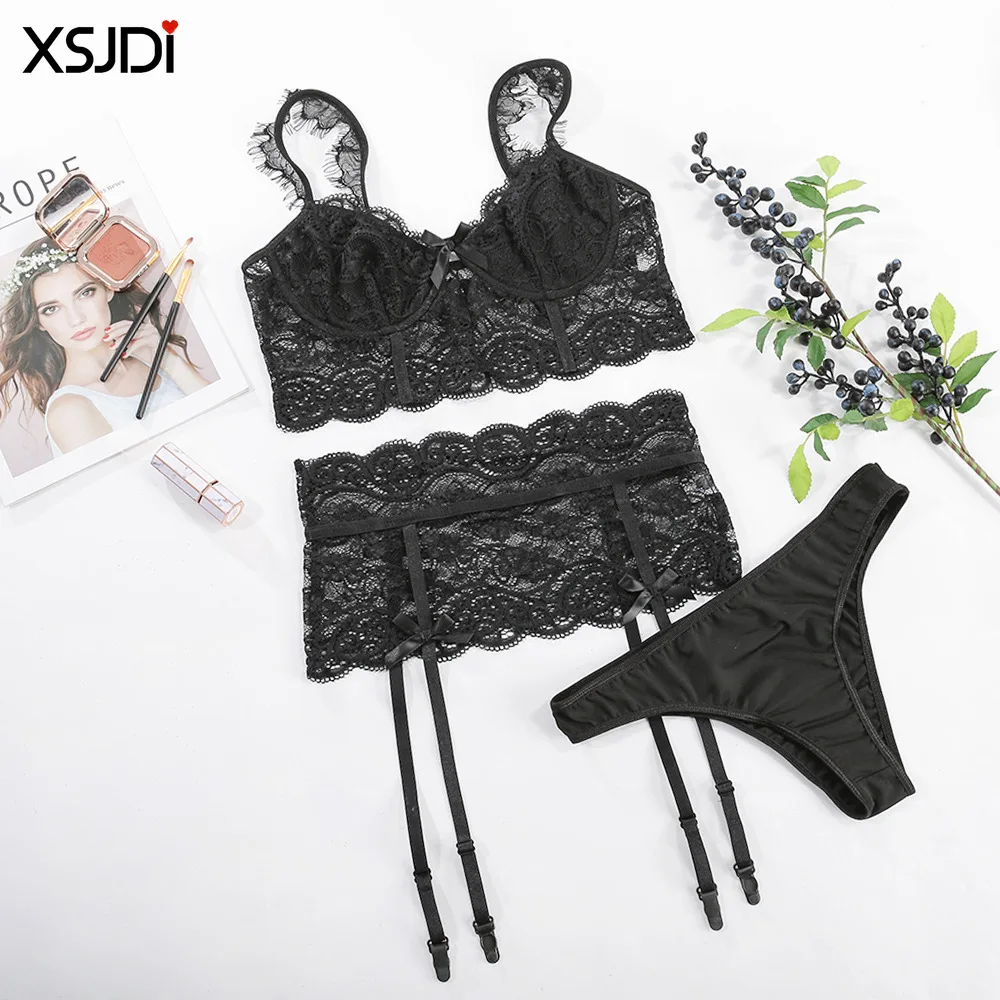 Комплект женского нижнего белья с чашками пуш ап и поясом для чулок|Комплекты