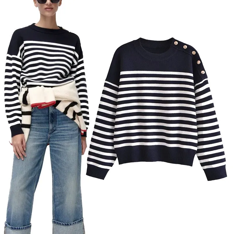 

Za Women Striped Knit Sweater with Gold Buttons Long Sleeve O Neck Casual Autumn Sweaters Chic Feminino Vintage Knitted Tops