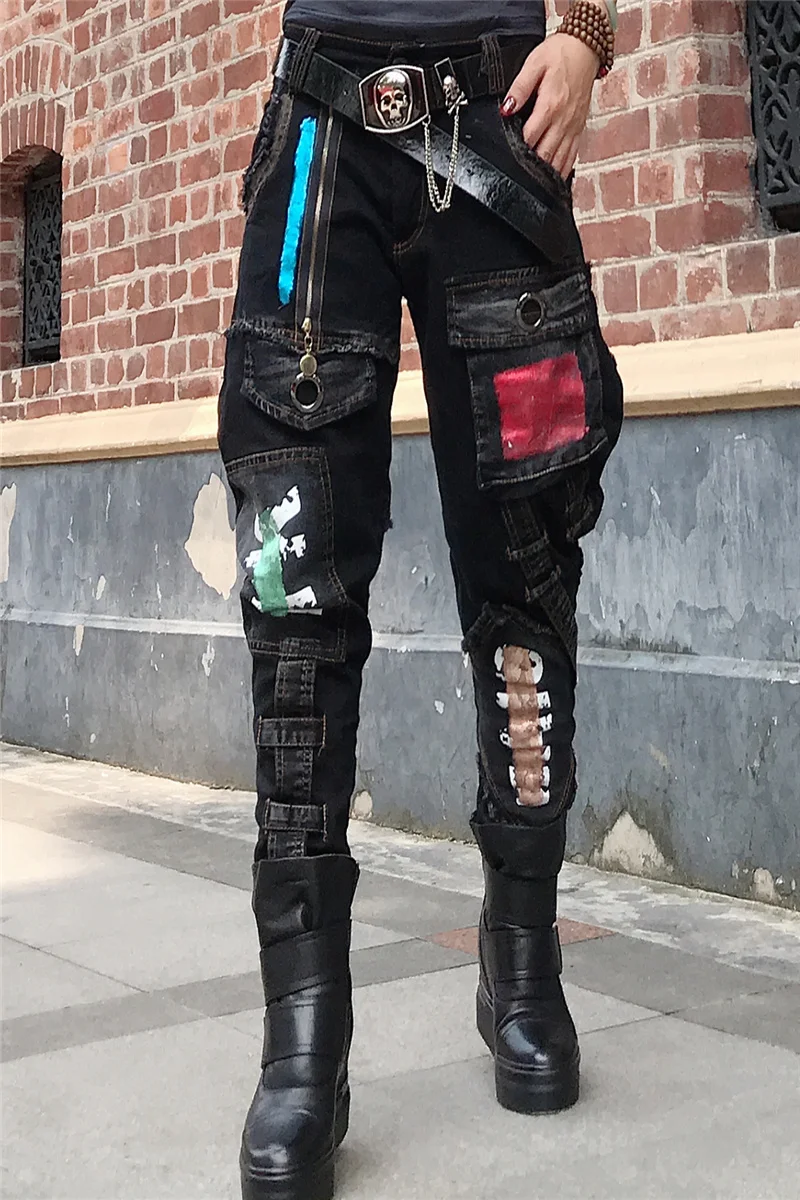 

Europe 2020 Spring Pattern Black Jeans Patch Female Beggar Personality PUNK Full Length Pants Trend Denim Pencil Pants SA421S30