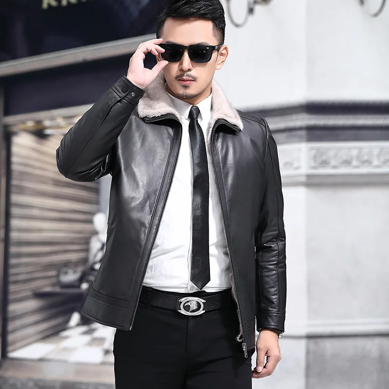 

Men Winter Cow Genuine Leather Jacket Real Liner Warm Down Coats Mink Fur Collar Jaqueta De Couro YY552