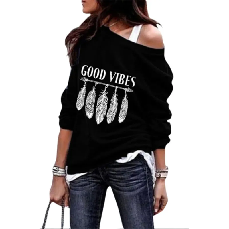 

Feather GOOD VIBES Letters Print Oversized Pullovers Women 2020 Autumn Winter Fashion Long Sleeve Sweatshirts Loose Tops Female