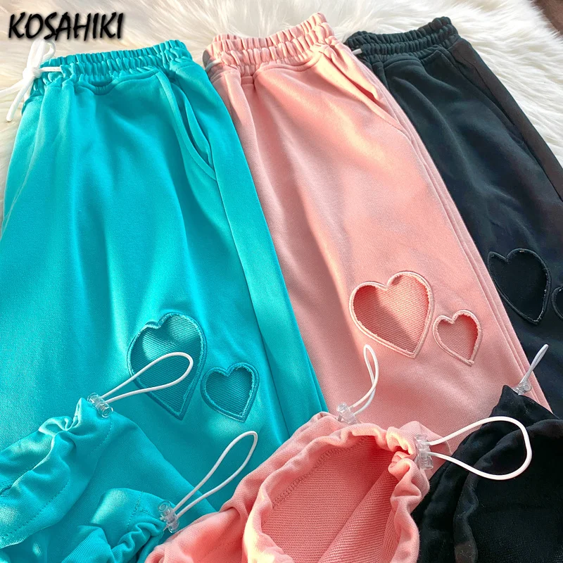 

KOSAHIKI Harajuku Style Pants Women Heart Hollow-out Trousers 2021 Summer Korean Thin Casual Loose Straight Wide-leg Trousers