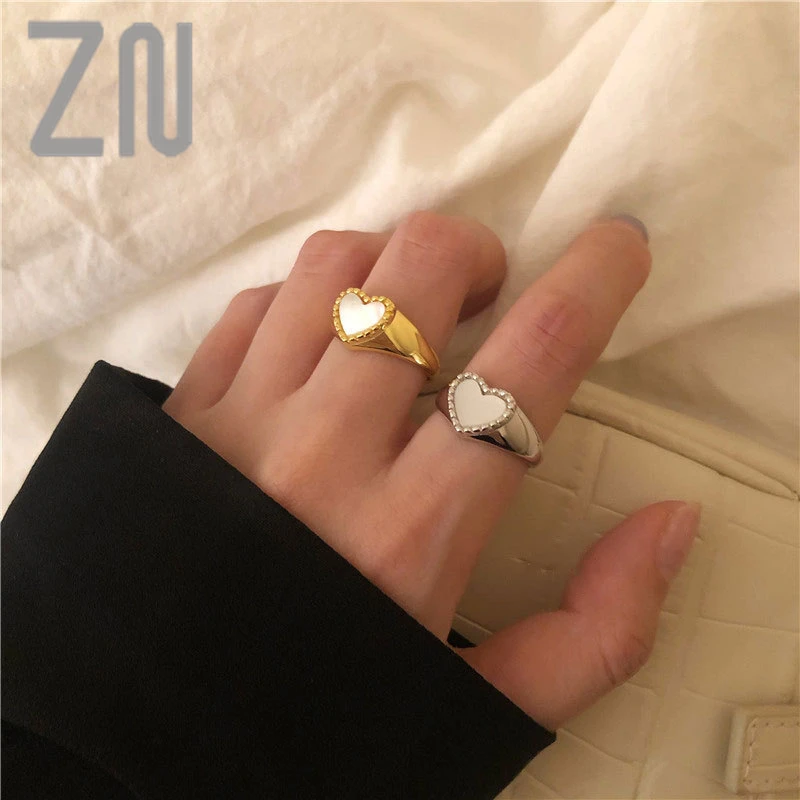 

ZN Elegant Ladies Copper Gold Plated Love Heart Inlay Shell Finger Ring for Women Korean Style Fashion Jewelry Romantic Gifts
