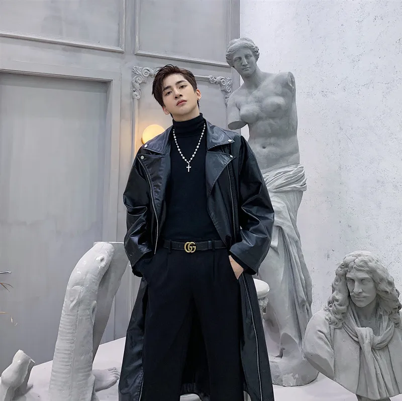 

Street Hop Hip Punk Gothic Cool Leather Coat Overcoat Men Loose Long Leather Trench Motorcycle Jacket Windbreaker Outerwear Male