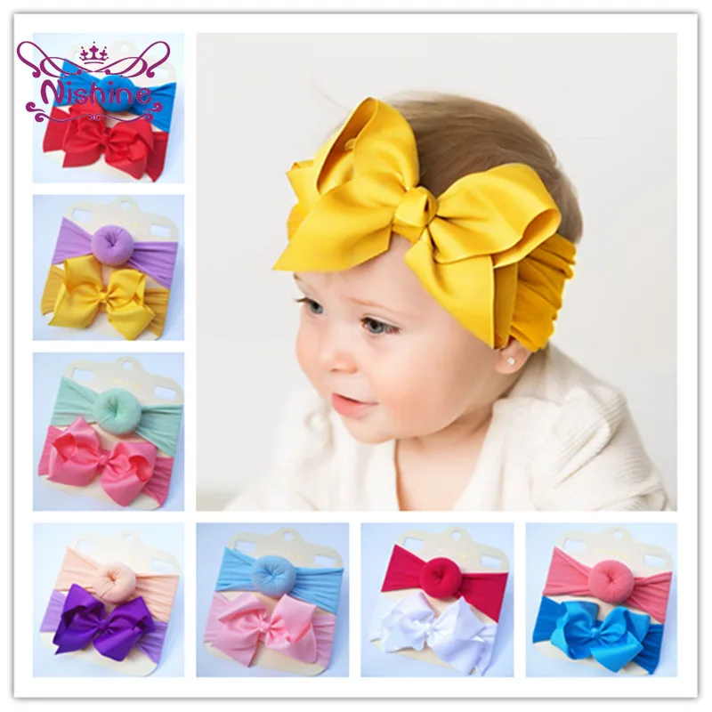 

Nishine 2pcs/lot Grosgrain Ribbon Bowknot Infant Nylon Headband Solid Color Donut Newborn Elastic Hairband Fashion Bows Headwear