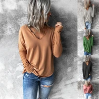 new t shirt 2021 autumn winter solid color pullover v neck long sleeve fleece sweater womens wear