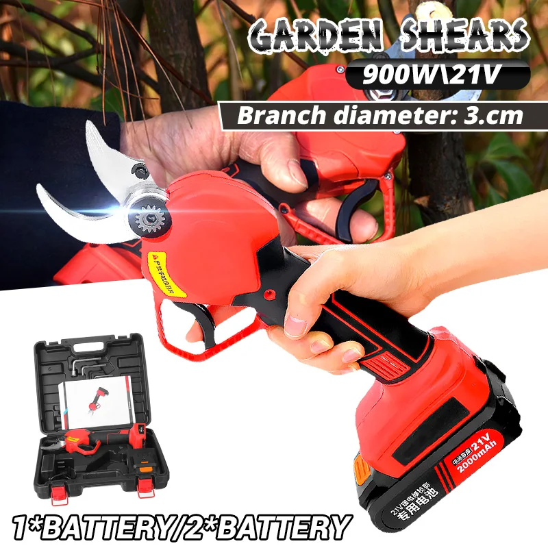 

900W 30mm Electric Pruning Scissors Shears 21V Rechargeable Garden Pruner Secateur Branch Cutter Cutting Tool with 2x Battery