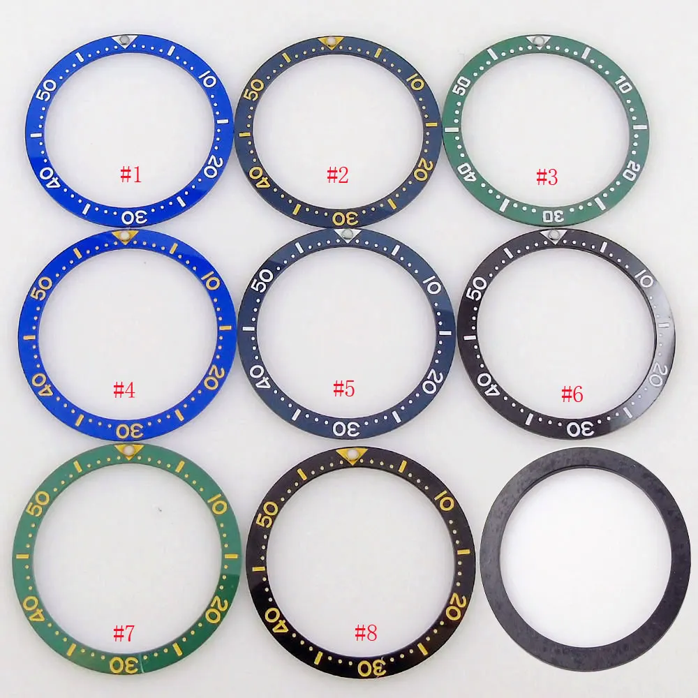 

Blue Green Black 33.7MM*27.5MM Flat Watch Bezle Ring Ceramic Insert with Gold Number fit SKX Watch