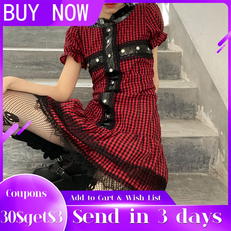 

Women Lace Mini Dress Lattice Punk Short Dresses Casual Red Lolita Girl Goth A-line Devil Cross Rivet Plaid Summer Sexy Clothes