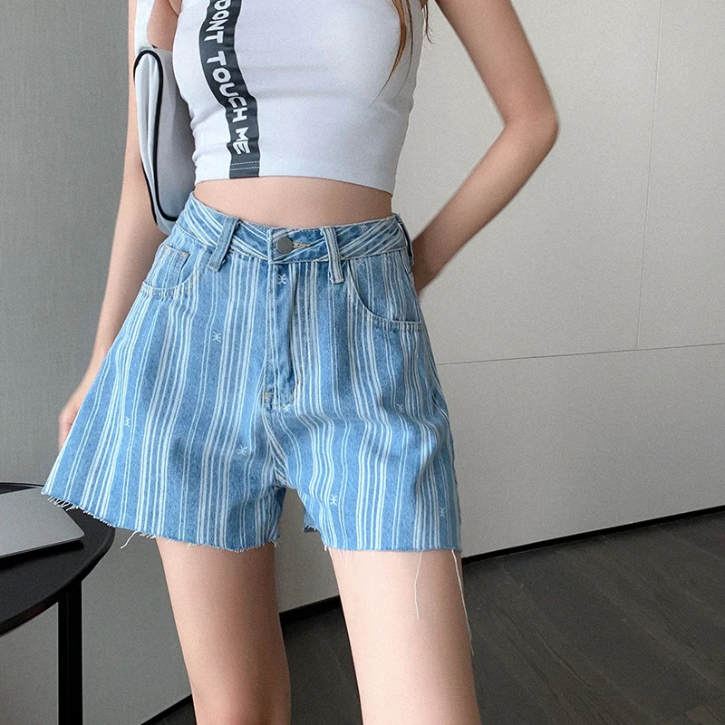 

INS High Waist Jeans Women Denim Shorts For Ladies Summer Instagram Stripe Style Streetwear New Hot Sell Wide Leg Short Pants