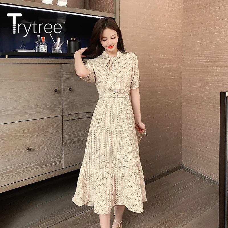 Trytree 2020 весеннее женское платье повседневное однобортное с бантом