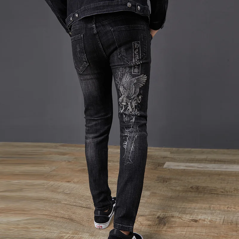 Luxury Brand Korean Ladies Punk Streetwear Womens Vintage Printed Jeans Stretch Black Trousers Female Denim Harem Pants