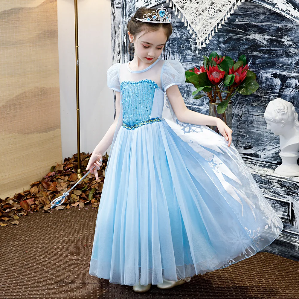 

Snow Queen 2 Girls Princess Elsa Dress Summer Toddler Girl Blue Dresses Sequins Elegant Ball Gowns Birthday Party halloween
