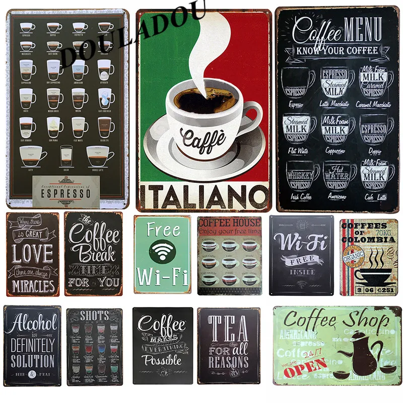 

[Douladou] Cafe Shots Menu Vintage Metal Tin Signs Mocha Latte Coffee Retro Plaque Poster Bar Pub Wall Decoration 30*20CM