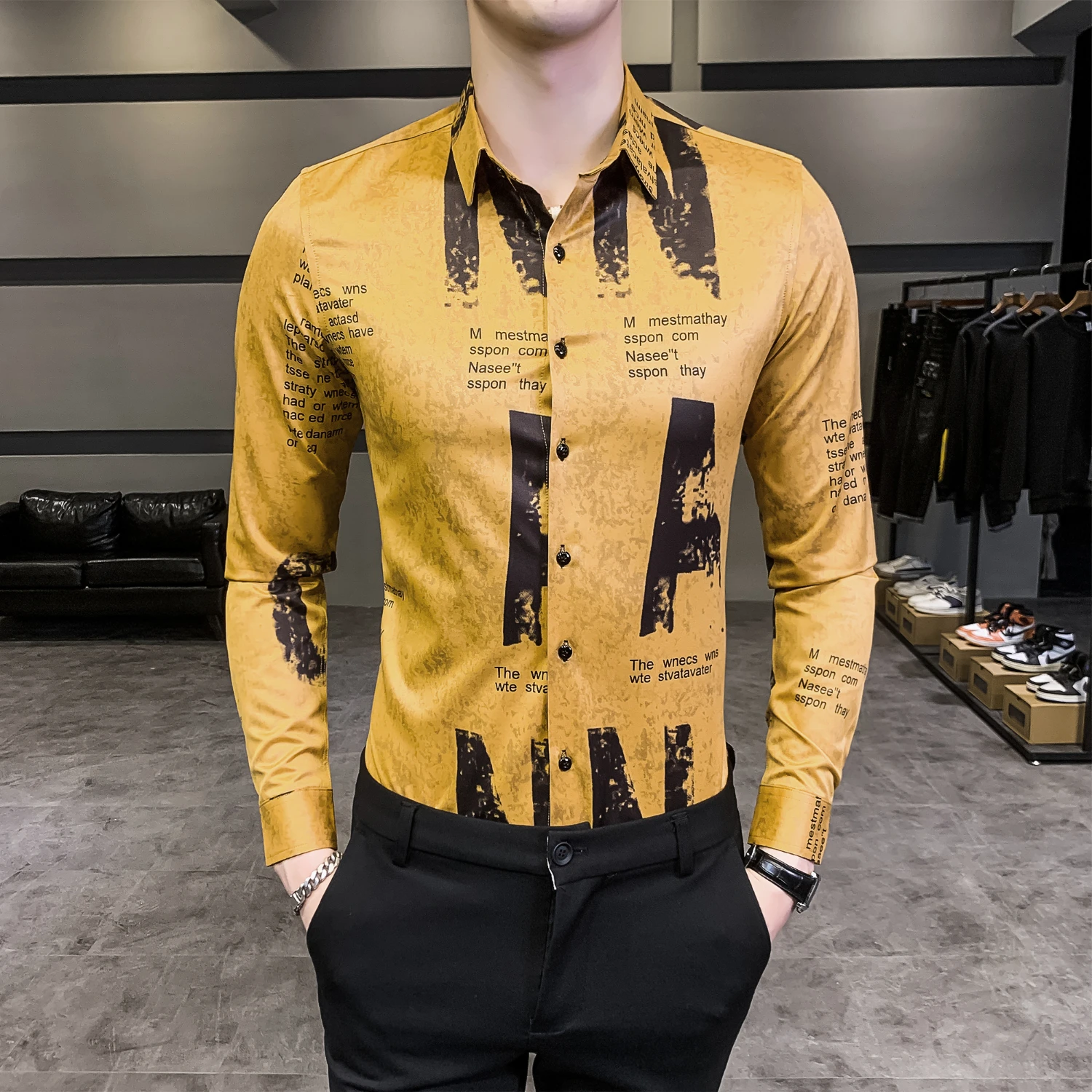 Мужская офисная одежда роскошная мужская рубашка с буквенным принтом облегающее
